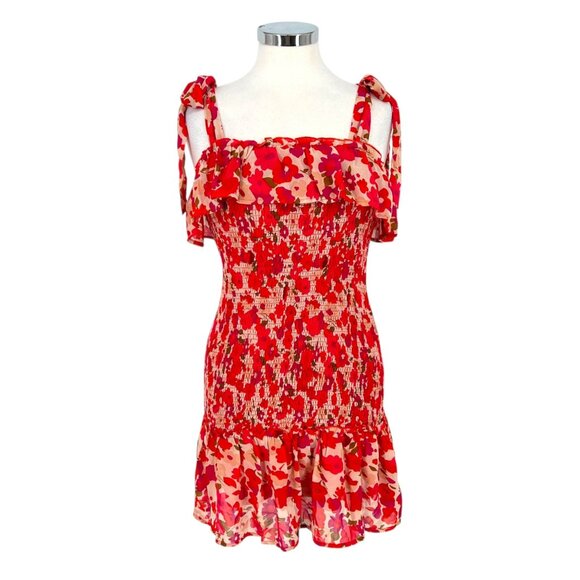 TCEC Red Pink Floral Smocked Mini Dress Ruffle Hem Tie Straps Size Large - Picture 1 of 12